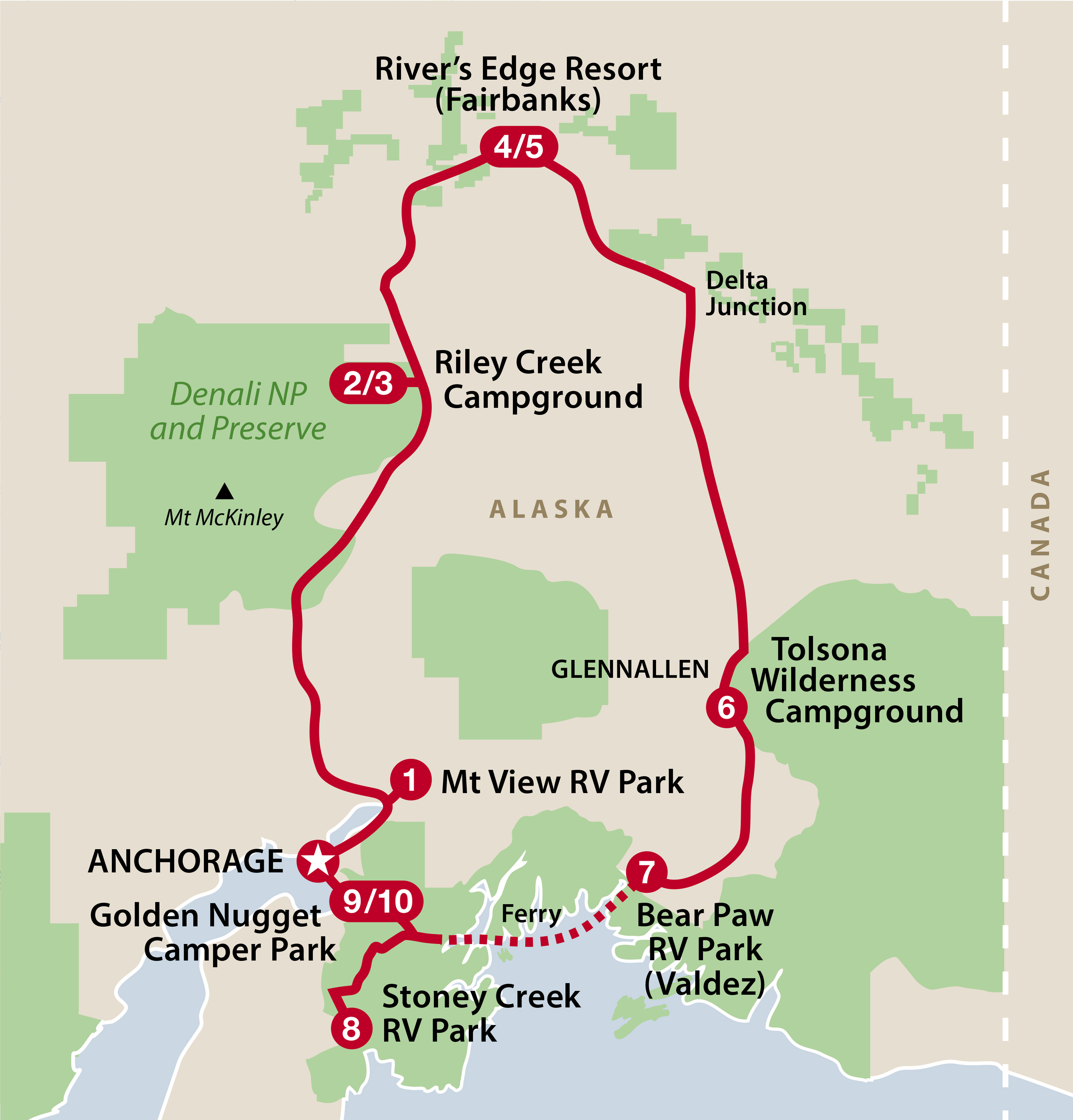 Mapa ruta Alaska Highlights